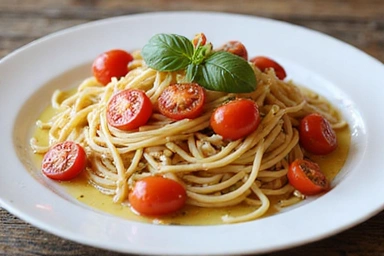 Spaghetti integrali con pomodorini e basilico